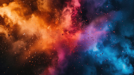 Abstract background, colorful powder explosions on dark background in blue, red, orangeの素材