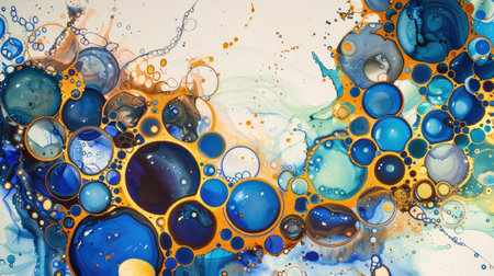 Abstract background with bubbles, banner in blue, gold, yellow and whiteの素材