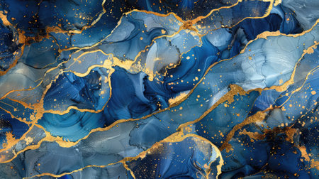 Beautiful marble background in indigo blue, gold, white. Template for invitation or creative backdrop. Acrylic paint pouring technic.の素材