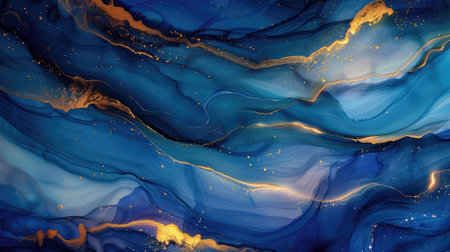 Beautiful marble background in indigo blue, gold, white. Template for invitation or creative backdrop. Acrylic paint pouring technic.の素材