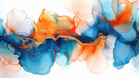 Beautiful alcohol ink style background in blue, orange, white. Template for invitation or creative backdrop, bannerの素材