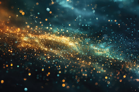 Abstract defocused bakground. Creative blurred background in dark blue green with golden sparkles, beautiful bokeh, glass or iceの素材