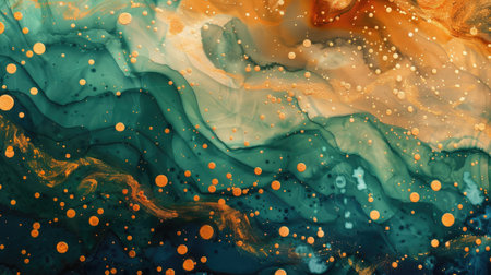 Beautiful creative marble background in dark green, gold, orange, yellow. Template for invitation or creative backdrop. Acrylic paint pouring technic, wavesの素材