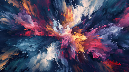 Abstract oil painting background, different brush strokes, mix of the colors, creating effect of the colorful explosion in blue, purple, orange, pinkの素材