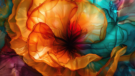 Beautiful alcohol ink style background in blue, orange, white. Abstract flowing flower. Template for invitation or creative backdrop, bannerの素材