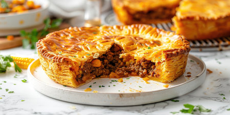 Pastel de Choclo on a white marble table, Chilean corn pie with meat filling, Colorful and hearty dish.の素材