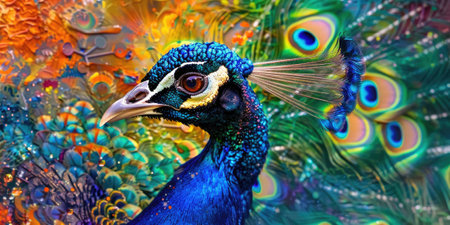 Macro photograph of a vibrant peacock displaying its iridescent plumage, showcasing its striking colors and intricate details.の素材