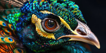 Macro photograph of a vibrant peacock displaying its iridescent plumage, showcasing its striking colors and intricate details.の素材
