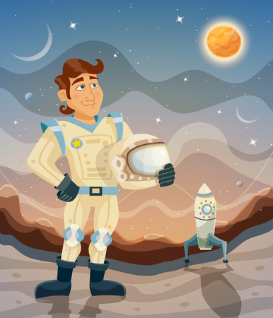 Astronaut. Cartoon space theme illustration with a moon and stars. Design concept Cosmic Poster illustrationのイラスト素材