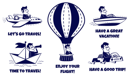 Travel icons set. Happy man traveling by car, airplane, boat, paper boat, hot air balloon. Vector illustration in retro cartoon styleのイラスト素材