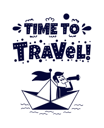 Travel icon. Happy man traveling by paper boat. Vector illustration in retro cartoon style for t shirts, posters, cards, bannersのイラスト素材