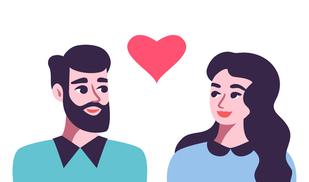 Man and woman in love. Beautiful young couple happy poster. Cartoon vector illustrationのイラスト素材