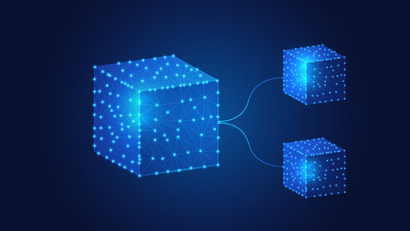 Polygon of blue glowing blockchain cube. Enhancing Security and Efficiency. technology network concept with connected digital cubes blocksのイラスト素材