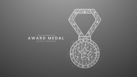 Silver ward medal with ribbon. Champion and winner awards medal, Modern digital low polygon style vector illustrationのイラスト素材