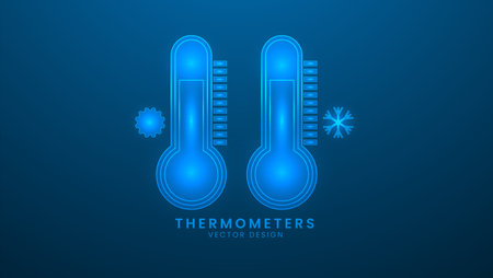Thermometers with heat and cold levels. Medical thermometer. Vector illustration with light effect...