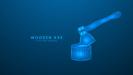 Axe tool with wooden handles. Camping tourism activity and expedition adventure. Vector illustration with light effect and neonのイラスト素材