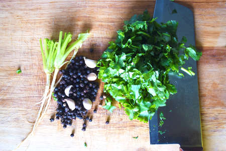 Coriander, onion, garlic and knife on a cutting board