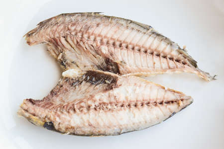 Close up Mackerel fish meat in white dish on white Backgroundの写真素材