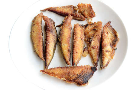 Fried Mackerel fish meat in white dish on white Backgroundの写真素材