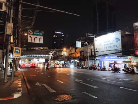 Bangkok, Thailand - February 19, 2020. Sukhumvit 55 Road at the night, Before the corona-lockdown in...