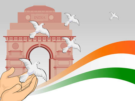 A scene of republic day with flying pigeon in front of India get and National Flag for Republic Day.