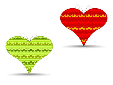 Vector illustration of two abstract heart shapes in red and green color on isolated background for Valentines Day.のイラスト素材