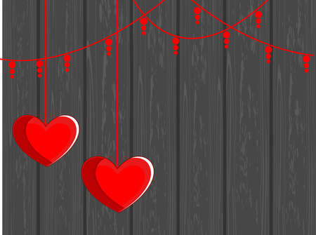 Vector illustration of two hanging hearts shape on grey wooden background for valentines Dayのイラスト素材