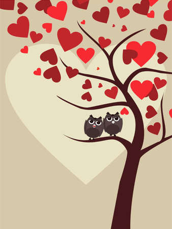 Background with couple of owls sitting on branch of Valentine tree in heart shape for Valentines Day.のイラスト素材