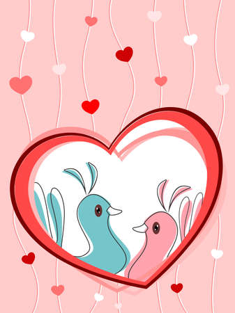abstract heart stripes background with love birds in heart, vector romantic concept backgroundのイラスト素材