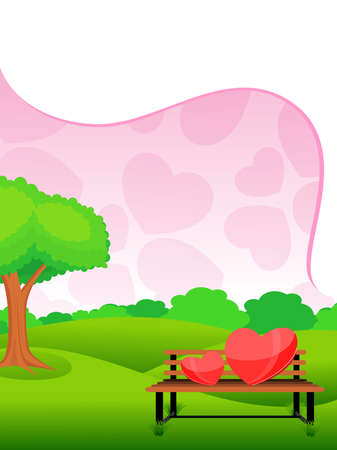 garden, nature background with heart on bench, vector love gardenのイラスト素材