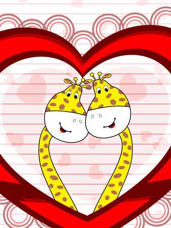 illustration of giraffe couple in love on decorative red heart shape background with copy space for Valentines Day and other occasions.のイラスト素材