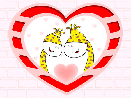 illustration of giraffe couple in love on decorative red heart shape background with copy space for Valentines Day and other occasions.のイラスト素材