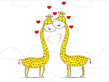 illustration of giraffe couple in love on seamless nature background with copy space for Valentines Day and other occasions.のイラスト素材