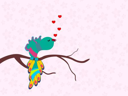 A beautiful colorful bird singing a song with heats on seamless floral background for Valentines Day and other occasions.のイラスト素材