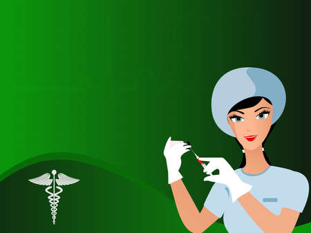 vector seamless heart beat green color background with uniformed nurse having needle in handのイラスト素材