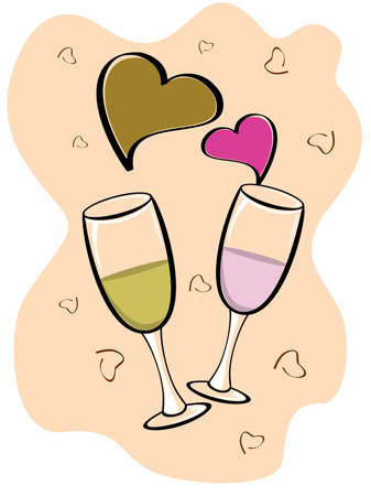 Valentine vector background with two glasses of wine and heart shapes in brown and magenta color.のイラスト素材