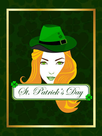 Vector illustration of a beautiful girl wearing a hat on the batch of St. Patrickのイラスト素材