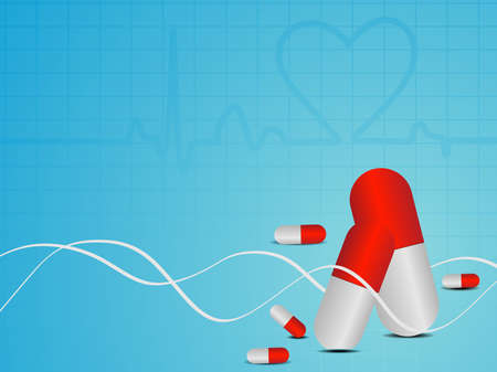 vector illustration of Heart beat seamless medical background with red pills on blue.のイラスト素材