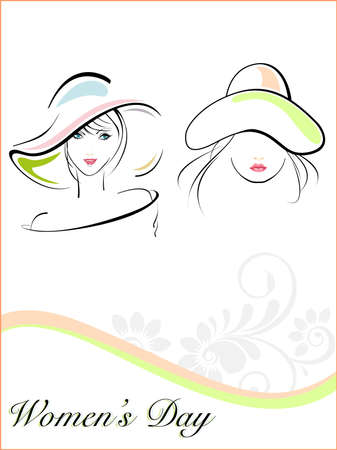 Vector illustration of beautiful young girls wearing  hat and text on white floral and wave background for Womenのイラスト素材