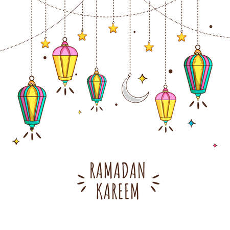 Ramadan Kareem Poster Design Decorated With Arabic Lanterns, Crescent Moon, Stars Hang On White Background.のイラスト素材