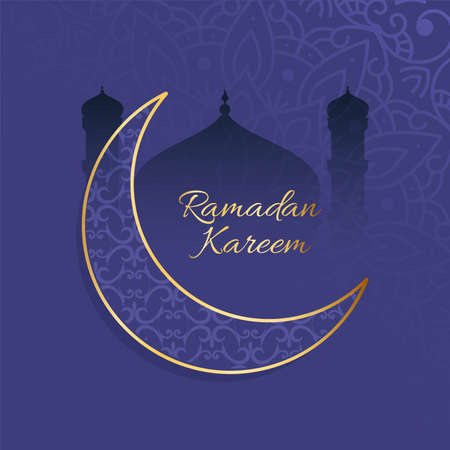 Golden Ramadan Kareem Font With Elegant Crescent Moon And Silhouette Mosque On Blue Islamic Pattern Background.のイラスト素材