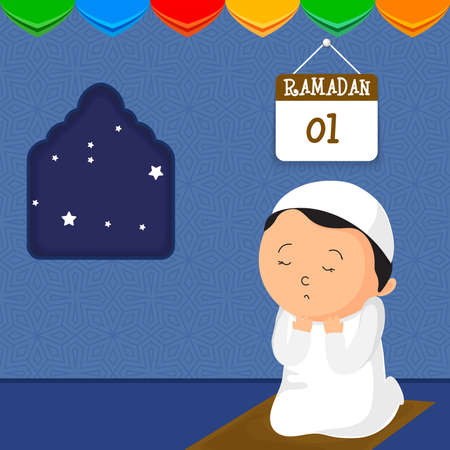 Cute Islamic Boy Offering Namaz (Prayer) At Mat With Calendar Showing Ramadan On Blue Islamic Pattern Background.のイラスト素材