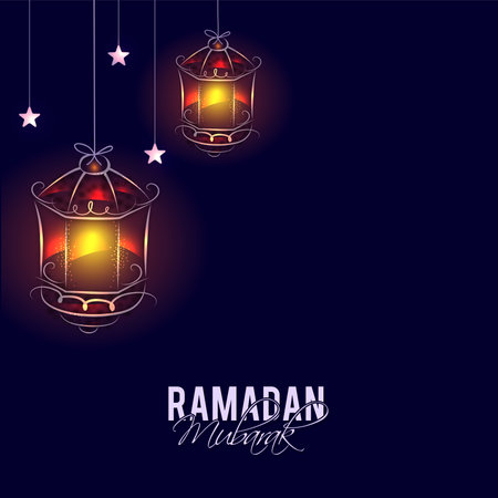 Ramadan Mubarak Concept With Illuminated Arabic Lanterns And Stars Hang On Blue Background.のイラスト素材
