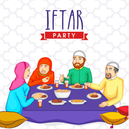 Cheerful Islamic People Enjoying Delicious Foods At Dining Table On The Occasion Of Iftar Party.のイラスト素材