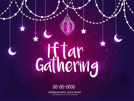 Iftar Gathering Poster Or Invitation Card Decorated With Islamic Ornaments On Blue And Pink Light Effect Background.のイラスト素材