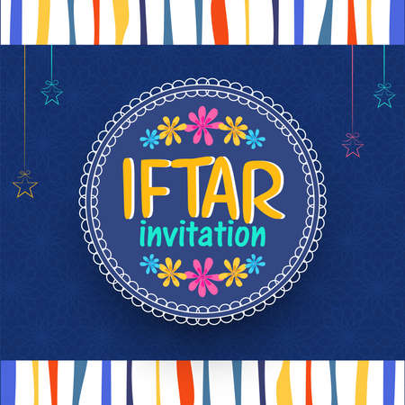 Ramadan Kareem, Iftar Invitation design decorated with colorful flowers and hanging stars.のイラスト素材
