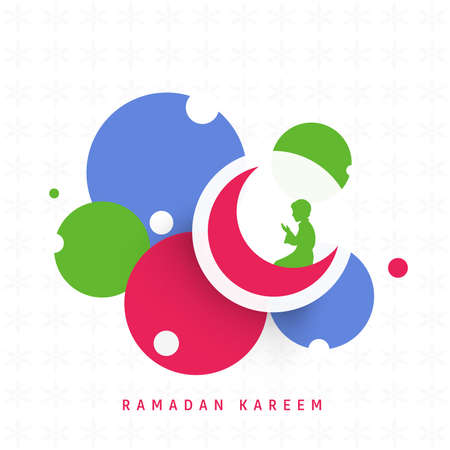 Abstract colorful circles background with illustration of pink moon and praying boy for Muslim Community Festivals celebration.のイラスト素材