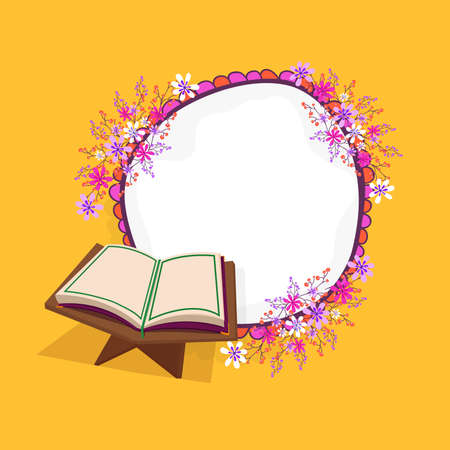 Beautiful Floral Decorated Round Frame With Copy Space And Open Holy Quran Book At Rehal On Orange Background For Islamic Festival.のイラスト素材
