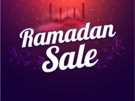 Ramadan Sale Poster Design With Silhouette Mosque On Gradient Red And Purple Background.のイラスト素材