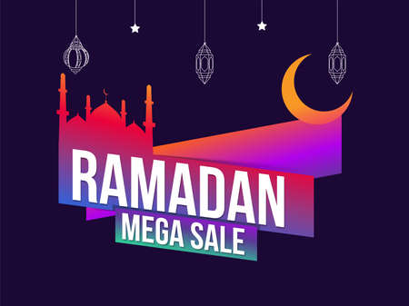 Ramadan Mega Sale Poster Design With Gradient Mosque, Crescent Moon, Doodle Lanterns And Stars Hang On Purple Background.のイラスト素材
